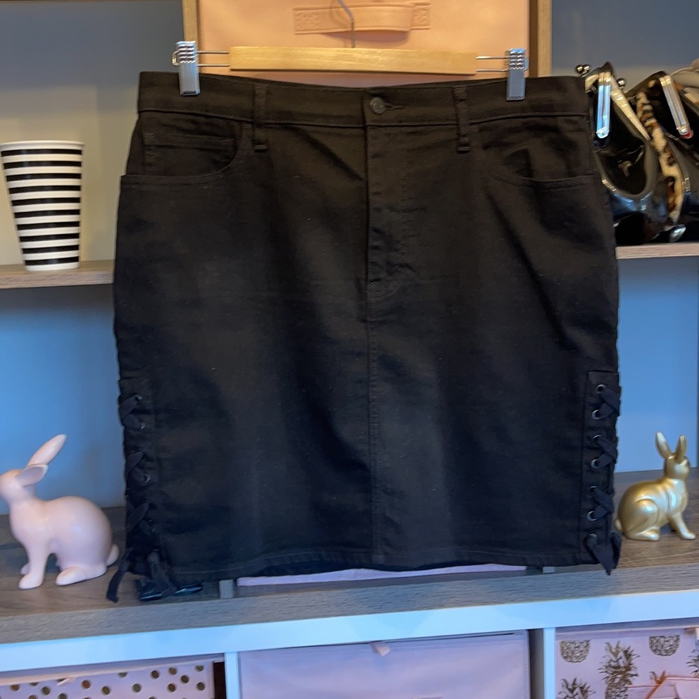 Black Denim Pencil Skirt with Lacing on Sides - Picture 3 of 4